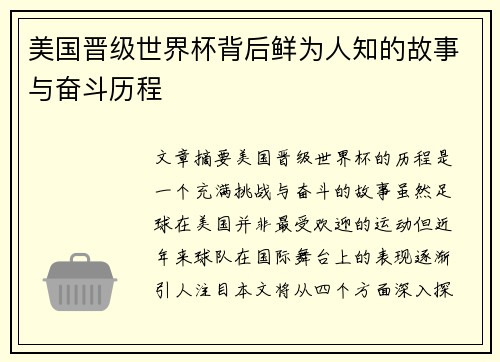 美国晋级世界杯背后鲜为人知的故事与奋斗历程