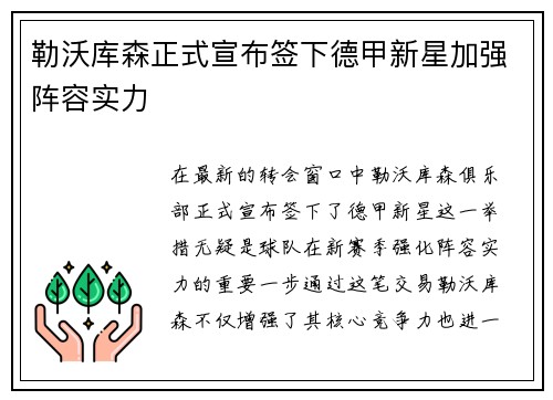 勒沃库森正式宣布签下德甲新星加强阵容实力