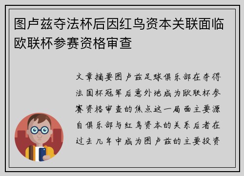 图卢兹夺法杯后因红鸟资本关联面临欧联杯参赛资格审查